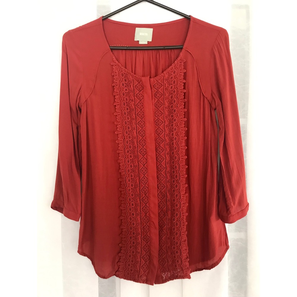 Maeve Anthropologie Red Lace Panel Boho Blouse 3/4 Sleeve Top Size 2‎